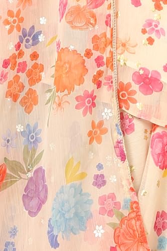 W for Woman Off-White Floral Printed Sleeveless Flared Chiffon Kurta and Sharara Set with Dupatta (Size: 2XL)-24AUWS12585-124166