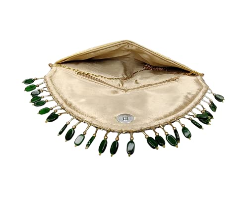DUCHESS Women's Hand Embroidered Golden Green Clutch