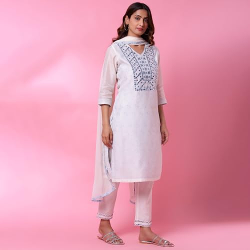 Biba Women Off White Cotton Blend Straight Kurta Pants Suit Set_44