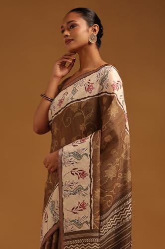 Soch Womens Brown Tussar Botanical Saree