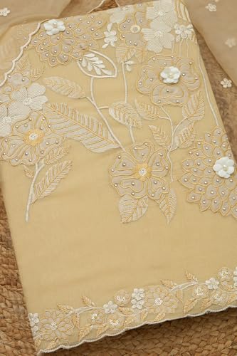 Soch Womens Beige Tissue Shimmer Embroidered Unstitched Dress Material With Thread Work