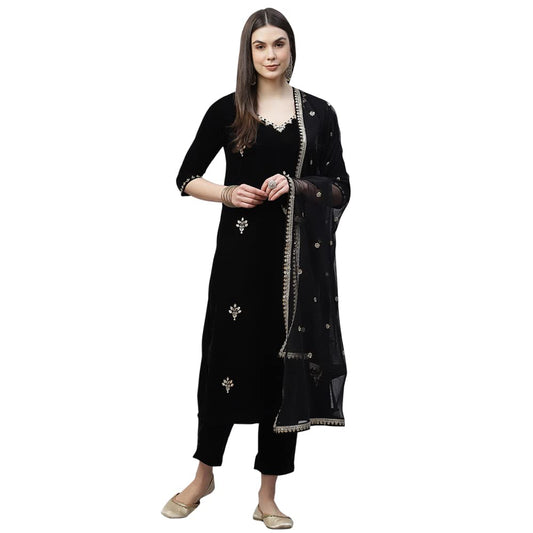 Divena Black Velvet hand work Kurta pant With Net Dupatta set