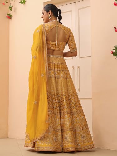 Woman's Elegant printed mustard yellow lehenga choli