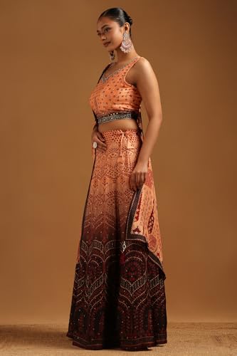 Soch Womens Peach Russian Silk Floral Print Lehenga Choli With Mirror Work