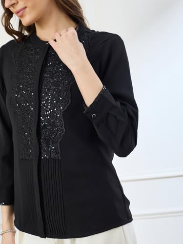 Latin Quarters Women's Black 3/4th Sleeves Mandarin Neck Casual Embellished Tunic_L