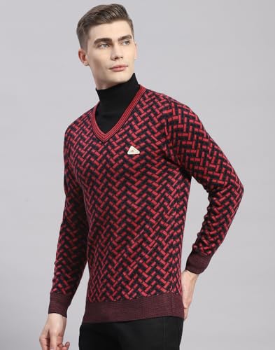 Monte Carlo Mens Pink Self Design V Neck Full Sleeve Wool Blend Casual Sweater (1239277VN-1-40)