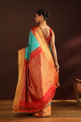 Taneira Women Blue Woven Pure Silk Kanjivaram Saree With Unstitched Blouse Piece (SHH08D00118-Light Blue)