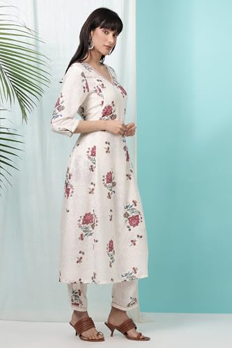 W for Woman White Floral Printed Textured Dobby A-line Kurta and Pants Co-ord Set (Size: 2XL)-WS12256-124240