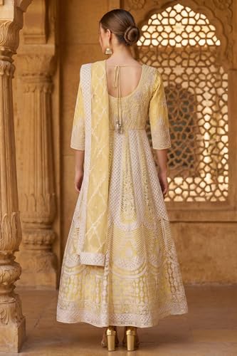 Aurelia Women's Powder Yellow Thread Embroidered Anarkali Kurta with Leggings and Dupatta Set - (AD10777-E609499-S)