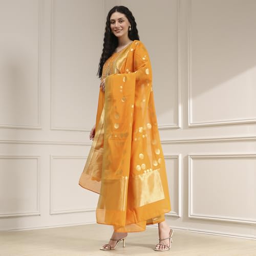 Biba Women Orange Blended Straight Solid Kurta Set_36