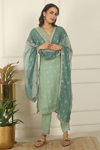 W for Woman Solid Embroidered Straight Organza Suble Green Kurta, Pant and Dupatta Set (Size: 2XL)-24AUWS11709-124502