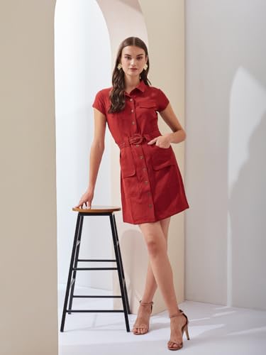 Latin Quarters Women's Rust Short Sleeves Collared Solid Casual Mini Dress_M