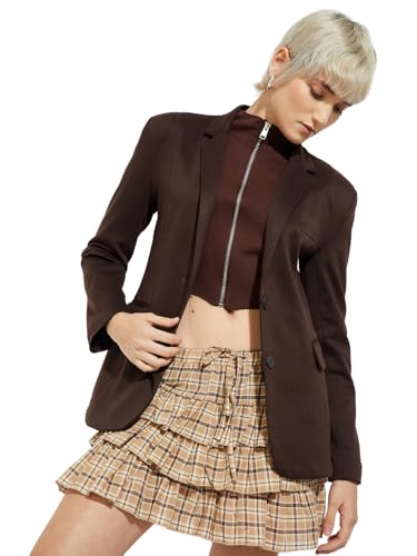 Max Alaya F x URB_N Women Textured Regular Fit Blazer (Brown_L)
