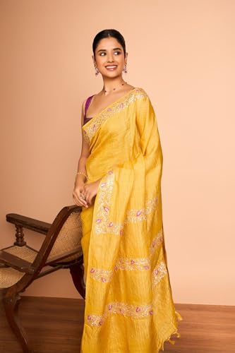 Taneira Women Yellow Embroidered Pure Tussar Silk Saree with Unstitched Blouse Piece (SAPP13AC2532-Yellow)