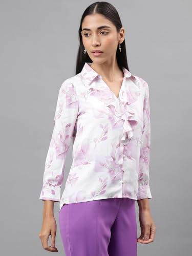 Latin Quarters Women Purple Full Sleeve Mandarin Collar Printed Top_L