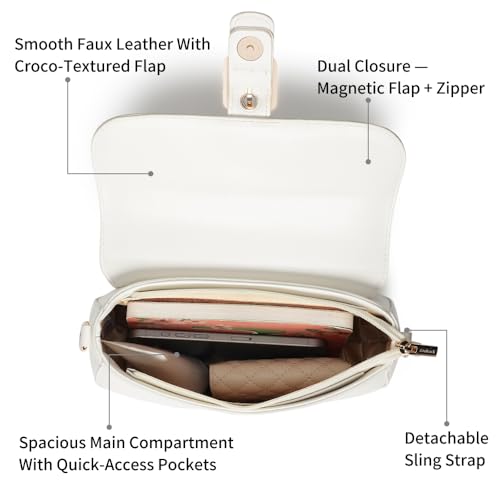 BuckleUp White Sling | Faux-Leather Women’s bag | Sling with Croco-Textured Flap & Buckle Closure