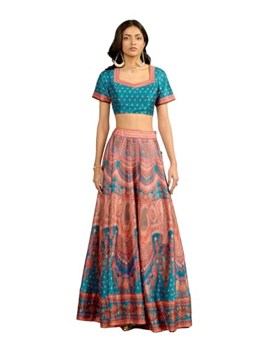 Aarke Ritu Kumar Teal Square Neck Blouse With Lehenga And Dupatta