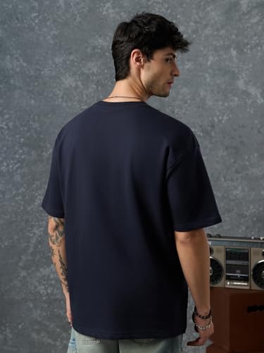The Souled Store Oversized T-Shirt: Offline Men and Boys Short Sleeve Round Neck Navy Blue Graphic Printed Casual Lightweight Drop Shoulder Streetwear Trendy Oversized T-Shirts