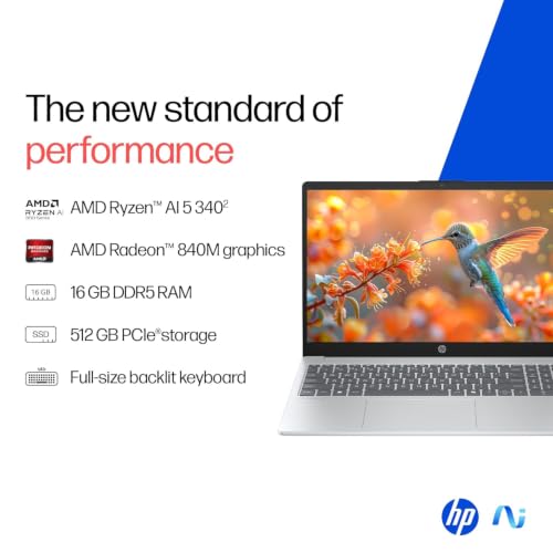 HP OmniBook 3 AMD Ryzen AI 5 340 Next Gen AI Laptop, (16GB DDR5, 512GB SSD), Anti-Glare,15.6''/39.6cm FHD, Win11,Office24, Silver,1.7kg, FHD Camera w/Privacy Shutter, fn0007AU