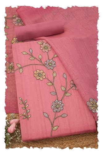 Soch Womens Pink Linen Shimmer Floral Print Unstitch Dress Material With Thread Work