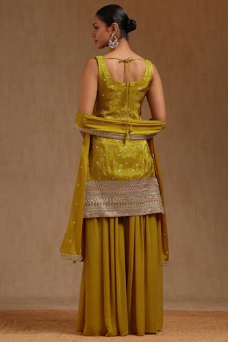 Soch Womens Mustard Tissue Embroidered Suit Set With Mirror Work