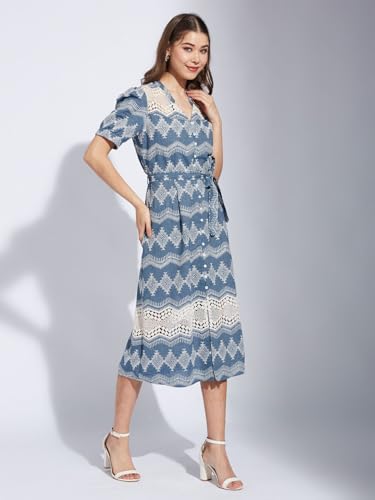 Latin Quarters Women Blue Collar Neck Half Sleeve Printed Shirt Dress_M