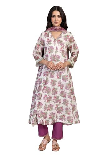 W for Woman Floral Printed Sequined Flared Chanderi Kurta with Straight Pant and Dupatta Set - Beige (WS12946-126020-XL)