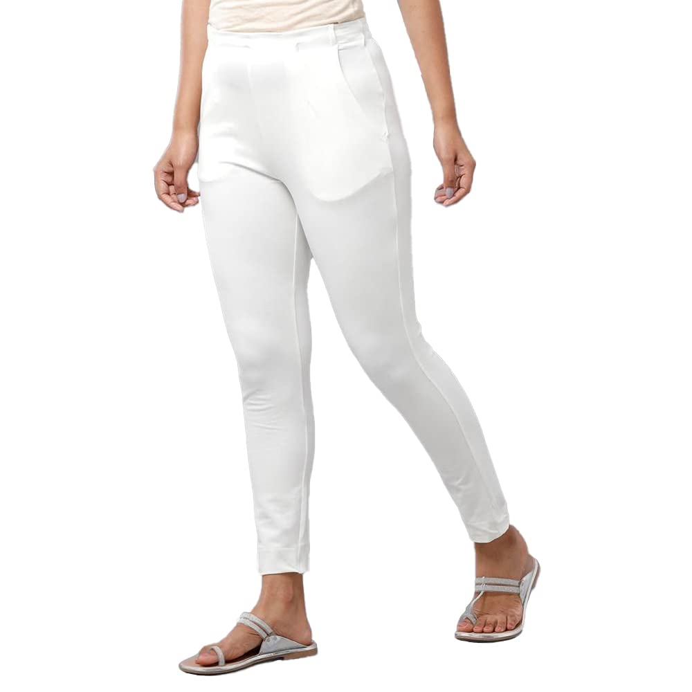 De Moza Womens Cotton Solid Cigarette Pant Offwhite