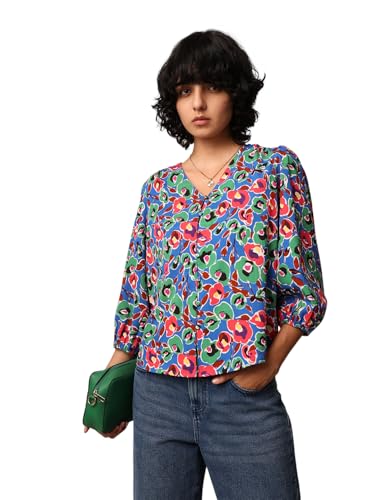 ONLY Women Floral Print Polyester Blend Blue Casual Top