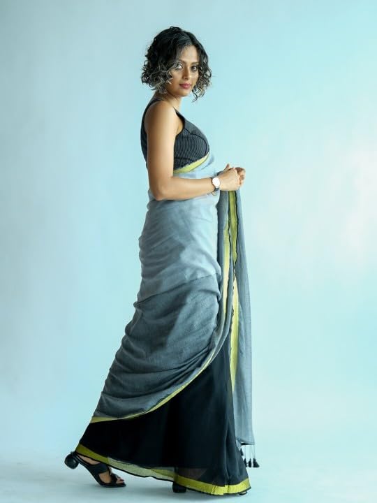 Suta Grey Charcoal Colorblock Cotton Saree