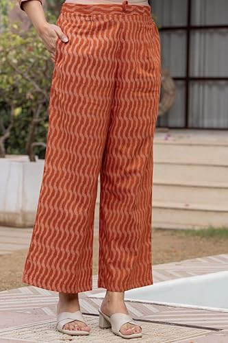 Pistaa's Women's Pure Cotton Anarkali Printed Kurta with Palazzo & Dupatta Set (Rust, XXX-Large)