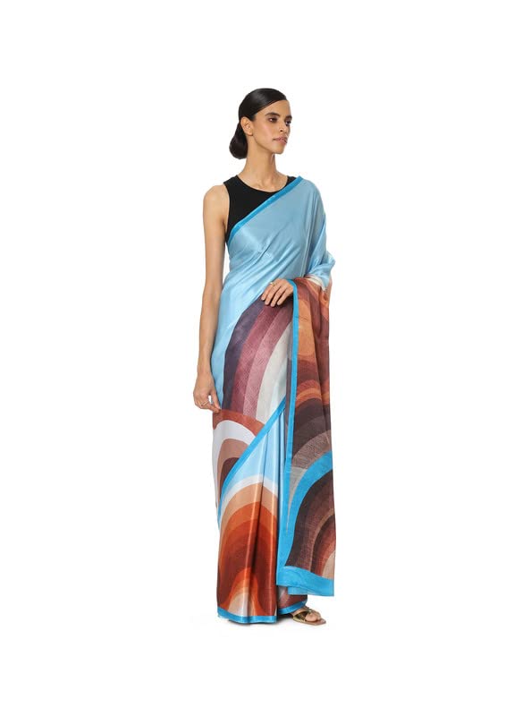 Satya Paul Blue Powder Satin Georgette Printed Silk Saree for Women