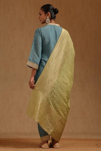 Soch Womens Turquoise Blue Silk Shimmer Solid Suit Set With Mirror Work