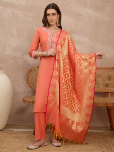 Rangavali Coral Peach Cotton Silk Embroidered Festive Suit Set With Bararasi Zari Woven Dupatta | Family Function, Office Festive & Wedding Ethnic Wear Suit Set | XL, 38