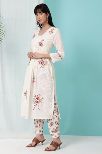 W for Woman White Floral Printed Textured Cotton Gathered Kurta, Pants and Dupatta Set (Size: M)-WS11620-222350