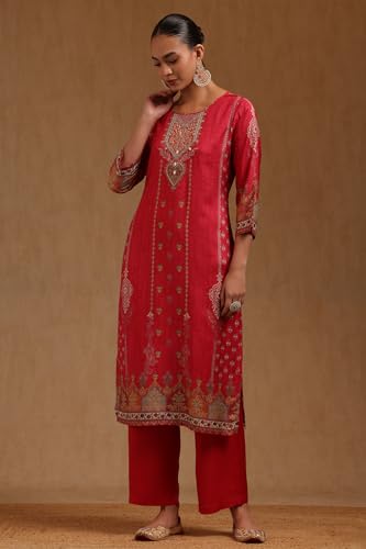 Soch Womens Fuchsia Muslin Ethnic Motifs Zari Embroidered Salwar Suit