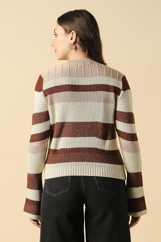Women Beige Stripe Round Neck Casual Sweater
