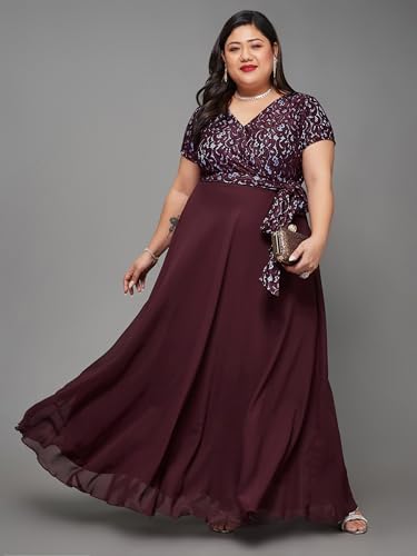 Miss Chase A+ Women's V-Neck Short Sleeve Self Designed Lace Overlaid Maxi Dress (APSS22D13-62-713-07, Cabernet Wine, 2XL)