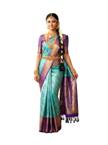 VFCollections Women's Traditional Handloom Kanchipuram Silk Pure Pattu Sarees – Peacocks Border | Rich Zari Woven Design | Bridal Saree | Unstitched Blouse (VFC685-4)