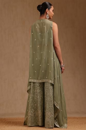 Soch Womens Sap Green Georgette Embroidered Co-Ord Set With Mirror Work