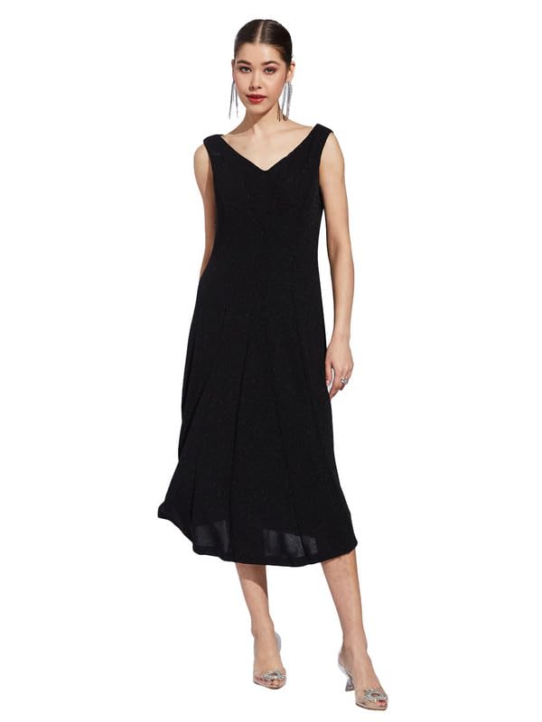 Latin Quarters Women Black V-Neck Sleeveless Solid A-Line Dress_2XL
