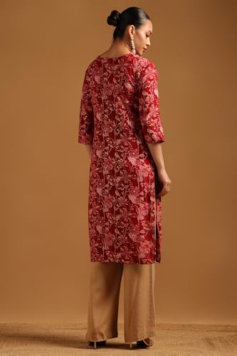 Soch Womens Red Rayon Botanical Print Kurta with Mirror Work