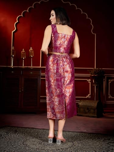 PURVAJA Women's Sleeveless Top Skirt Printed Co-Ords Set [Razy-058-Pink-L]