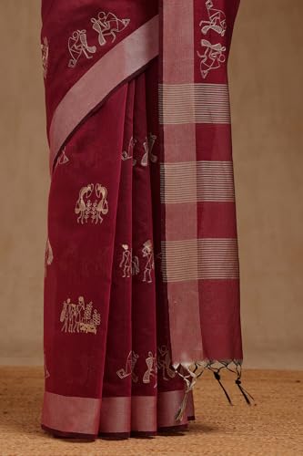 Soch Womens Wine Chanderi Warli Saree With Thread Work