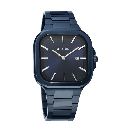 Titan Men Stainless Steel Analog Blue Dial Watch-90176Qm01, Band Color-Blue