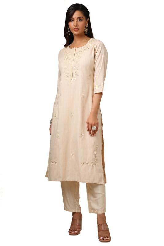 Soch Womens Beige Embroidered Cotton Flex Suit Set With Sequins