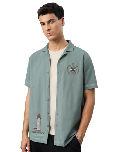 The Souled Store Hawaiian Shirt: Sail Away Men and Boys Short Sleeves Collared Neck Button Front Embroidered Regular Fit Lightweight All-Season Cotton Casual Holiday Shirts