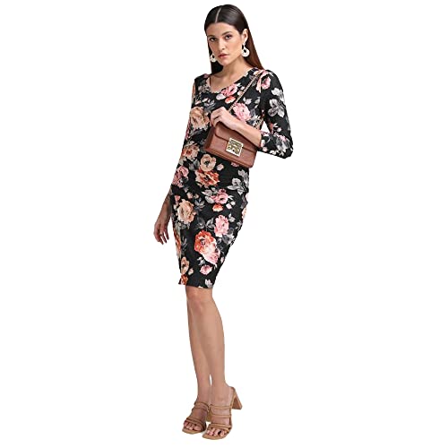 Kazo Floral Polyester Blend Asymmetric Women's Midi Dress (Black,Large)