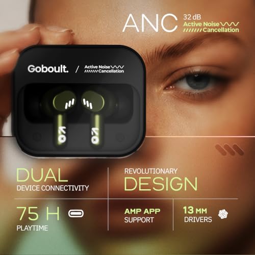 GOBOULT Newly Launched Tenet Pro with ANC TWS Earbuds, 75H Playtime, Amp App Support, 32dB ANC, Quad Mic ENC, Dual Device Pairing, 13mm Driver Ear Buds, Bluetooth 6.0 Wireless Earbuds (Olive Green)