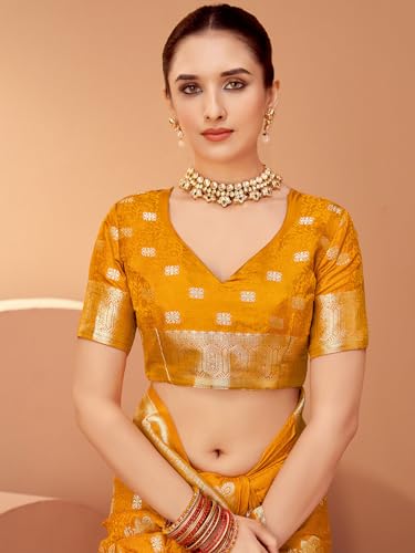AKHILAM Women's Mustard Satin Silk Woven Design Saree With Unstitched Blouse Piece (RNGREET203_HS)